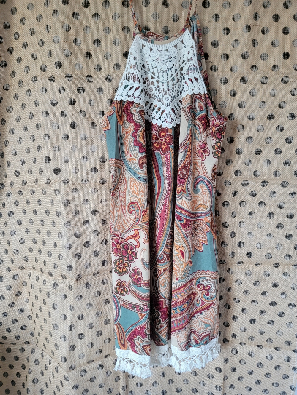 Boho Paisley Crochet-Trim Sun Dress — Teal, Rust & Cream NWOT - Picture 2 of 6